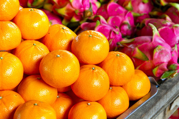Tangerine fruits on the local market in Thailand