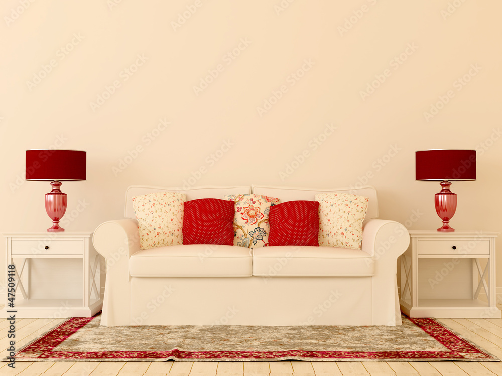 Wall mural white sofa with red decor