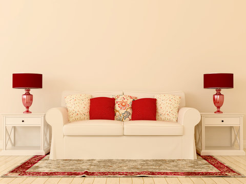 White sofa with red decor