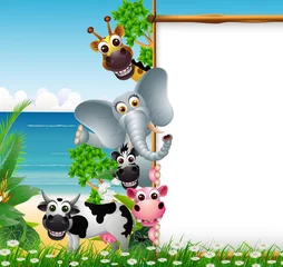 Stickers fenêtre Zoo dessin animé drôle d& 39 animal avec le signe blanc et la plage tropicale