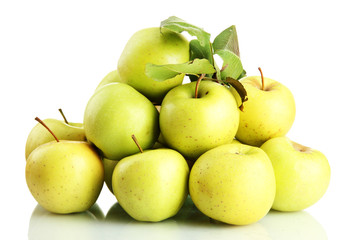 juicy apples with green leaves, isolated on white