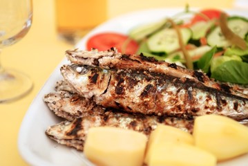 Grilled sardine with potato and salad