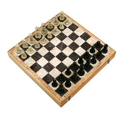 Old Decorative Chessboard with Figurines in Perspective