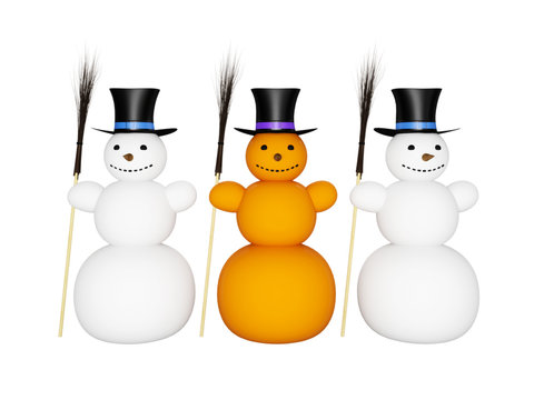 Snowmans with broom and hat