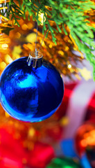 blue christmas ball hanging close up