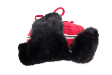 Knitted hat with rabbit fur trim