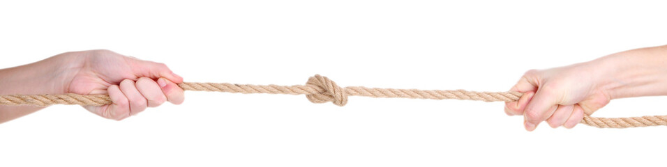 Hands pull rope isolated on white