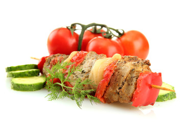 tasty grilled meat and vegetables on skewer, isoalted on white