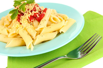 Rigatoni pasta dish with tomato sauce close up
