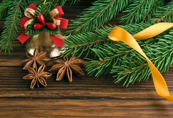 Christmas decorations on wooden background