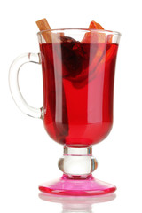 Fragrant mulled wine in glass isolated on white