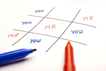 You & me on white background, Tic-tac-toe, Ego/ Confidence
