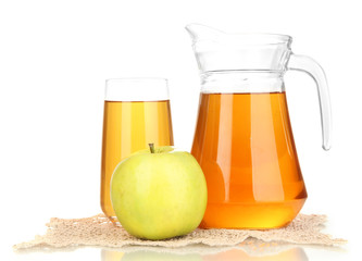 Full glass and jug of apple juice and apple isolted on white