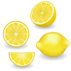 Fresh, natural lemons, four views: whole, half, slice, wedge.