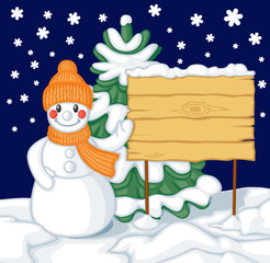 Snowman and billboard against the background of fir