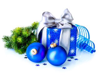 Christmas Gift Box and Decorations isolated on White Background