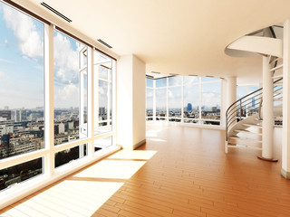 Modern interior with stair's overlooking a city