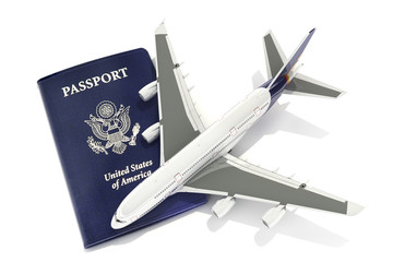 Jet aircraft with passport traveling abroad concept