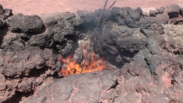 Geyser of steam in Timanfaya National Park Lanzarote at Canary I