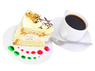 A piece of sponge cake with cup of coffee.