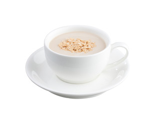 A cup of milk with corn cereal the good food for breakfast.