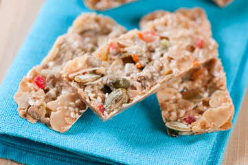 Horizontal shot of fresh taler cookies on a turquoise serviette