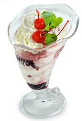 Dessert with cherries and cream
