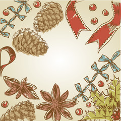 Cute Christmas hand drawn ink retro postcard with set © Yuzach