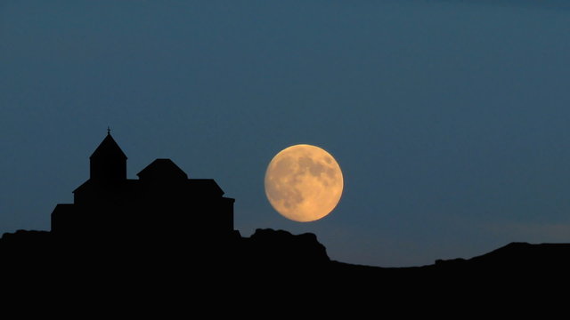 Armenia The monastery of Sevan moonrise