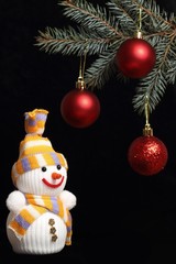 happy snowman and  trees branch with red balls