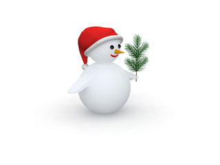 3D snowman with Santa Claus hat and pine branch on white