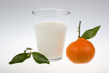 Milch im Glas mit Clementine und Blättern