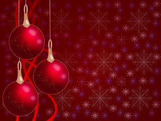 Christmas balls hanging with tapes on red background with snowfl