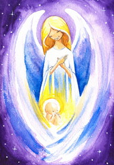 Angel protect a baby Jesus.Watercolors.