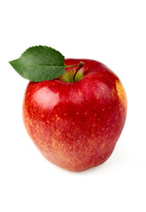 Ripe red apple with a leaf