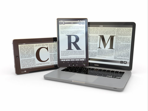 Text CRM on screen of laptop, tablet  pc. 3d