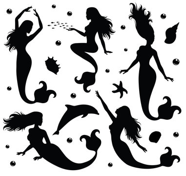 Collections of vector silhouettes of a mermaid