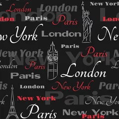 Washable wall murals Doodle Black seamless pattern with popular cities