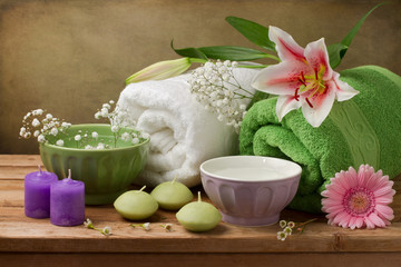 Spa concept still life with candles and towels