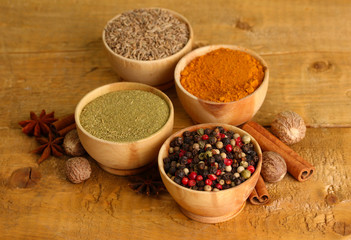 bowls with spices, on wooden background