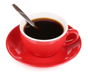 A red cup of strong coffee isolated on white