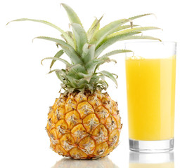 Ripe pineapple and juice glass isolated on white