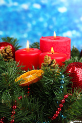 Beautiful Christmas wreath on blue background