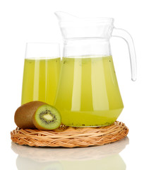 Full glass and jug of kiwi juice and kiwi isolated on white