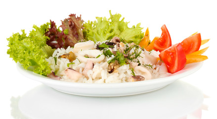 Delicatessen seafood salad with rice isolated on white