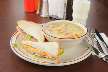 Bologna sandwich with chicken soup
