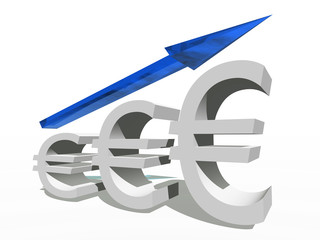 Conceptual 3D blue glass euro symbol with arrow pointing up