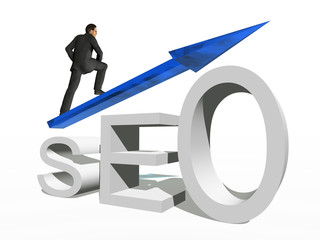 Conceptual 3D blue glass SEO symbol with arrow pointing up