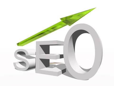 Conceptual 3D green glass SEO symbol with arrow pointing up