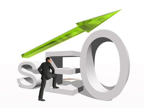 Conceptual 3D green glass SEO symbol with arrow pointing up